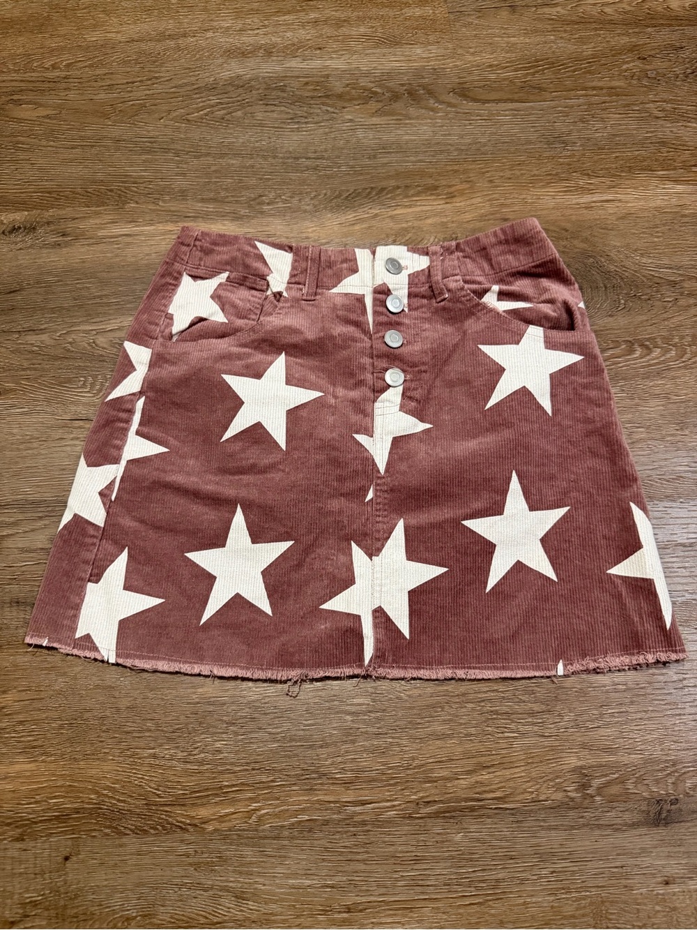 Altar’d State Star Print Corduroy Mini Skirt Size Small Dusty Rose Button Front